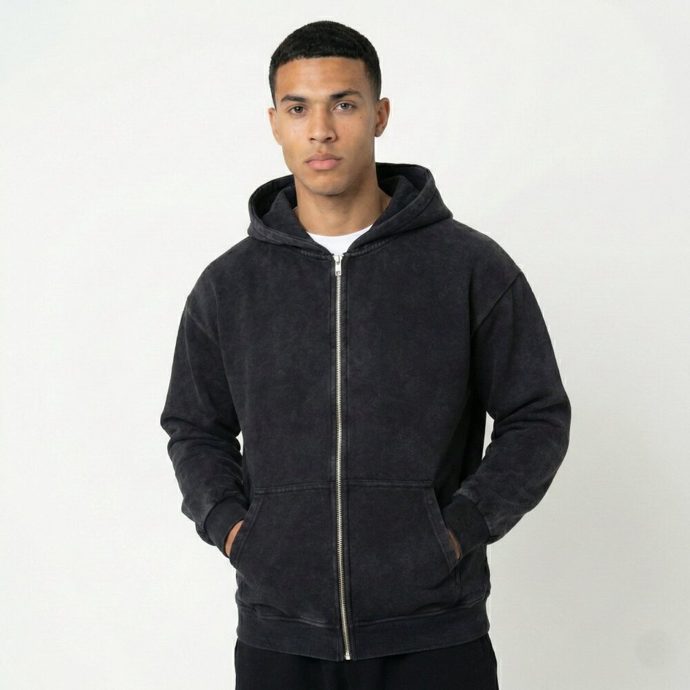 High Level HL Black Zip-up Hoodie Stone Washed Vintage Men Long sleeves